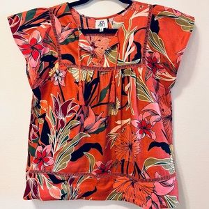 DRA Los Angeles Tropical Print Flutter Sleeve Linen Top S